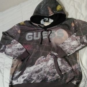 GUESS men's Large(oversize fit) jet black/multi HOODIE